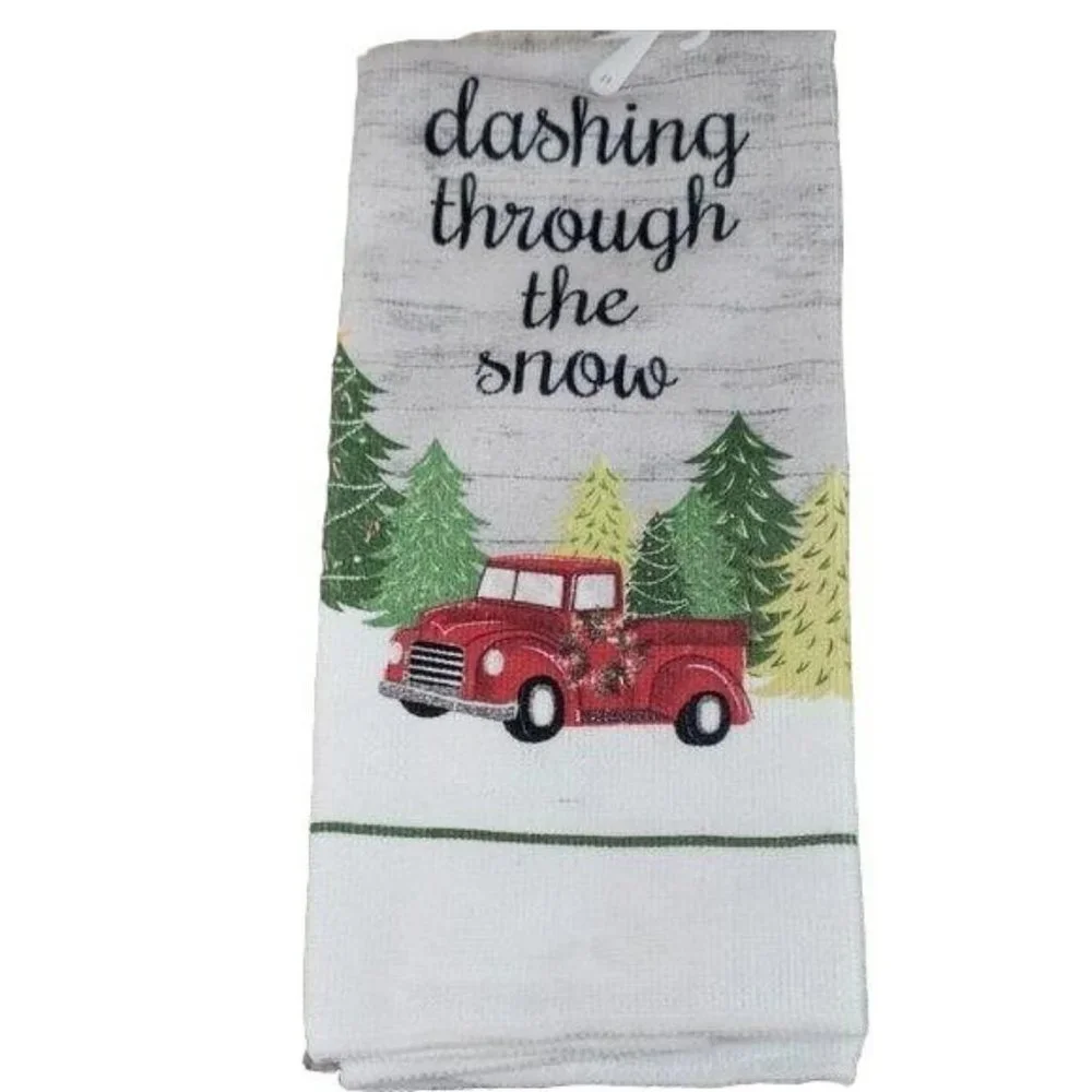 Dashing‎ Thru The Snow Red Truck Hand Kitchen Christmas Towel  NEW